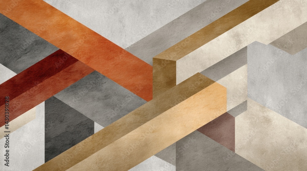 Abstract geometric composition featuring intersecting lines and shapes in muted colors.