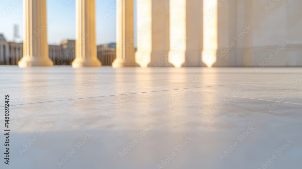 Fototapeta premium A low angle perspective shows sunlit marble columns in a row leading towards a blurred cityscape under a blue sky on a clear day creating architectural beauty.