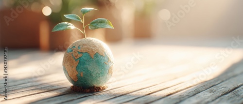 Obraz na płótnie A small globe with a sprouting plant symbolizes environmental growth and sustainability. w salonie