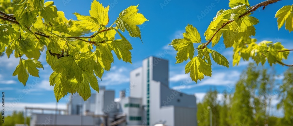Lush green leaves frame a modern industrial building against a bright blue sky.