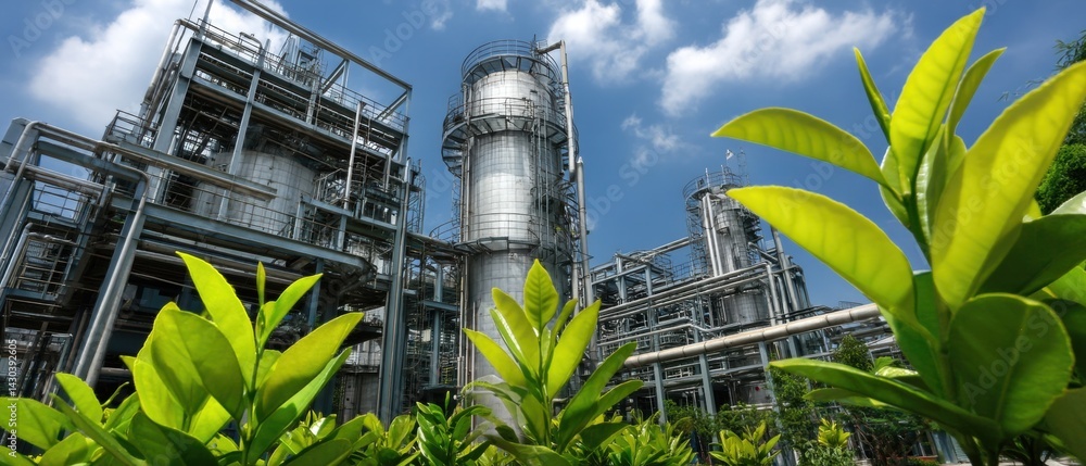 Industrial facility surrounded by lush greenery under a bright blue sky.