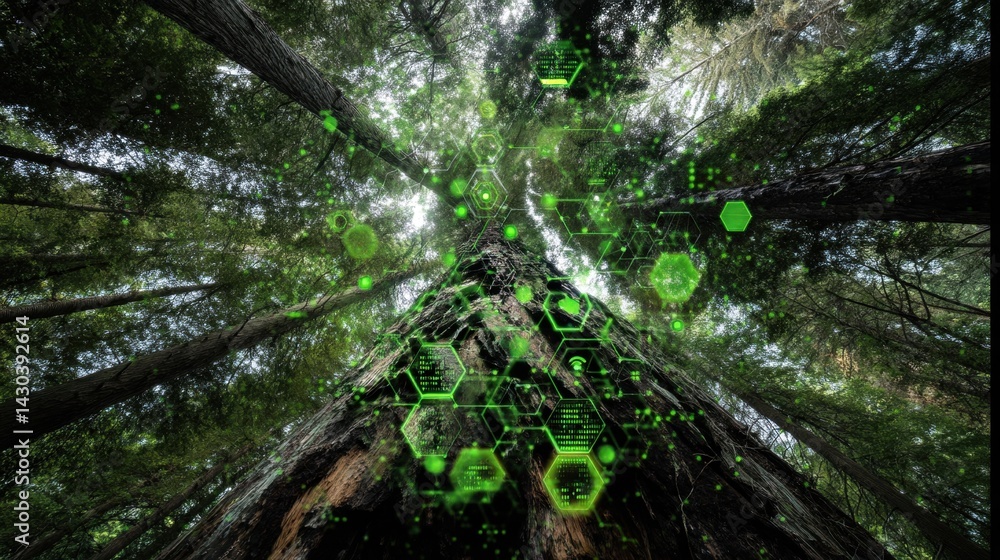 A digital overlay of hexagonal patterns against a forest canopy, blending nature with technology.