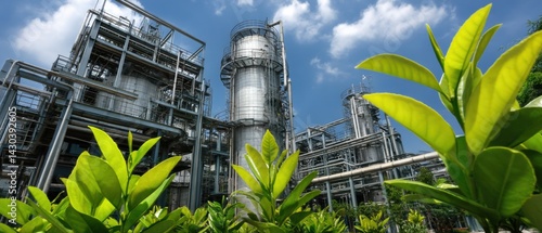 Industrial facility surrounded by lush greenery under a bright blue sky.