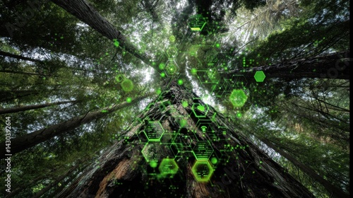 Obraz na płótnie A digital overlay of hexagonal patterns against a forest canopy, blending nature with technology. w salonie