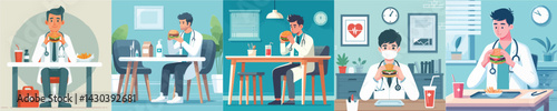 vector doctor eating burger at table