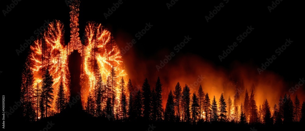 This image depicts a creative representation of lungs intertwined with trees and fire, symbolizing environmental impact.