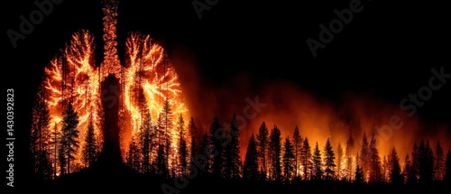 Obraz na płótnie This image depicts a creative representation of lungs intertwined with trees and fire, symbolizing environmental impact. w salonie