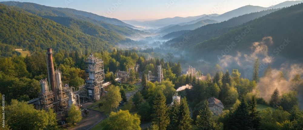 Aerial view of a lush valley with industrial structures enveloped in mist and surrounded by mountains and forests.