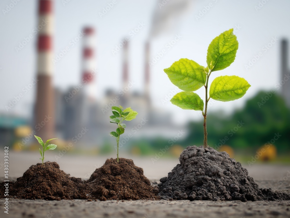 Emerging plants grow from piles of soil, set against industrial smokestacks, symbolizing resilience and hope in a polluted environment.