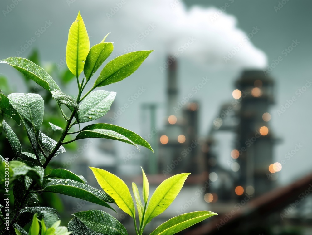 Lush green leaves contrast against a smoky industrial background, highlighting environmental concerns.