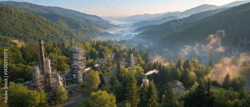 Obraz na płótnie Aerial view of a lush valley with industrial structures enveloped in mist and surrounded by mountains and forests. w salonie