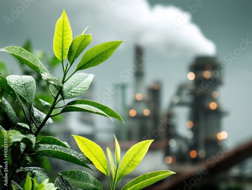 Obraz na płótnie Lush green leaves contrast against a smoky industrial background, highlighting environmental concerns. w salonie