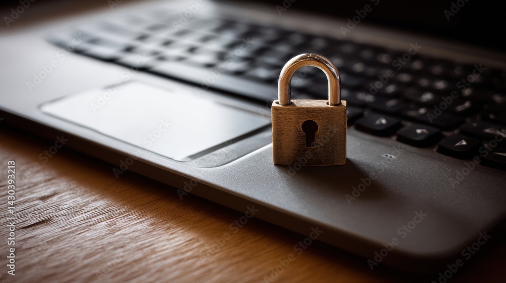 A padlock resting on a laptop keyboard symbolizes cybersecurity and digital protection.
