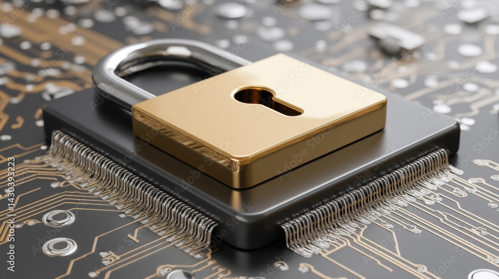 A golden padlock rests on a circuit board, symbolizing digital security and technology.