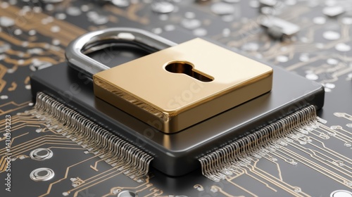A golden padlock rests on a circuit board, symbolizing digital security and technology.