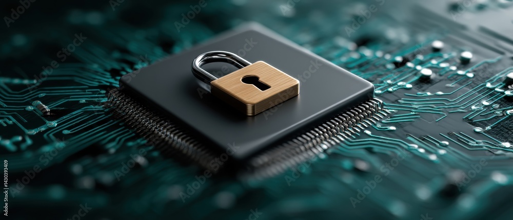 A digital lock on a microchip, symbolizing cybersecurity and data protection in a high-tech environment.