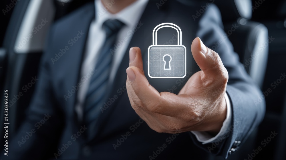 A businessman holds a holographic padlock symbolizing security and protection in a modern setting.
