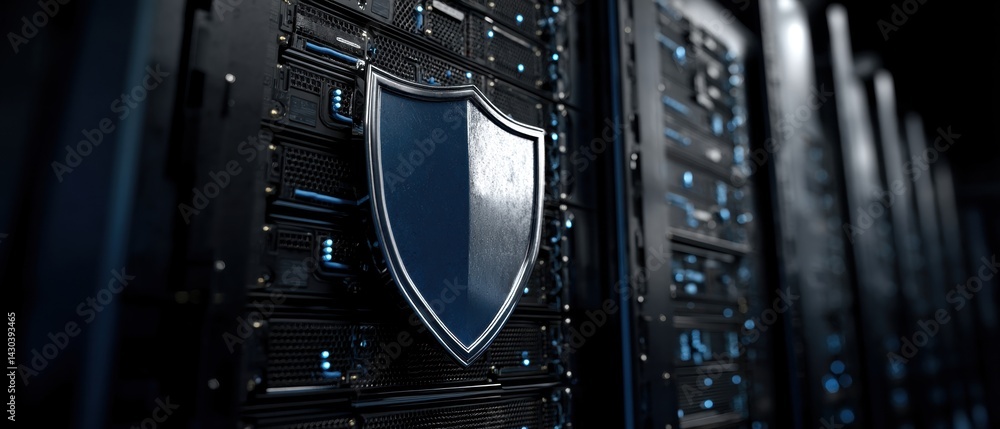 Digital shield symbol on a server backdrop, representing cybersecurity and data protection in technology.