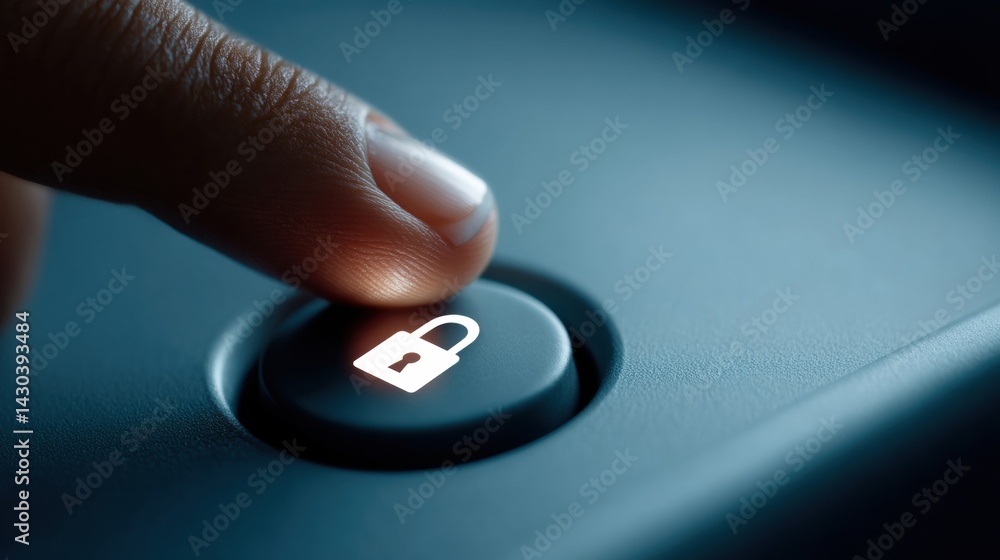 A finger pressing a lock button, symbolizing security and access control in a modern setting.