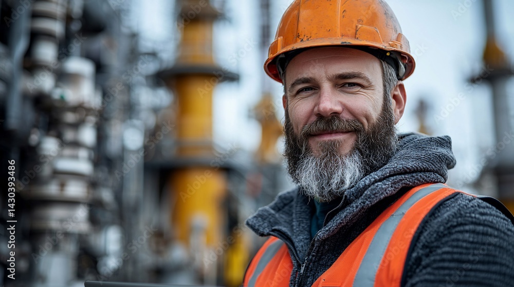 Smiling engineer at refinery, industrial background Smiling engineer at refinery, industrial background