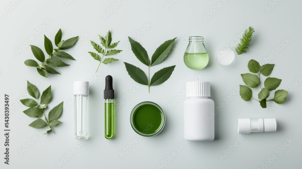 Flat lay of natural skincare products and green leaves on a light surface. Flat lay of natural skincare products and green leaves on a light surface.