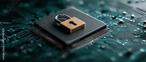 Obraz na płótnie A digital lock on a microchip, symbolizing cybersecurity and data protection in a high-tech environment. w salonie