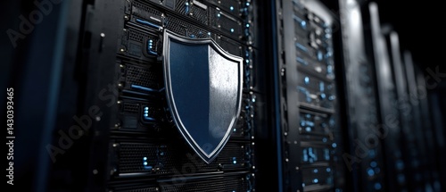 Obraz na płótnie Digital shield symbol on a server backdrop, representing cybersecurity and data protection in technology. w salonie