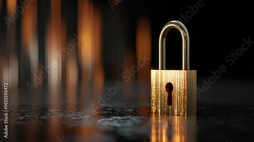 Obraz na płótnie A shiny padlock stands prominently against a blurred, illuminated background, symbolizing security and protection. w salonie