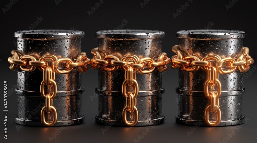 Three chained barrels on a dark background symbolize containment and restriction, emphasizing themes of industry and security.