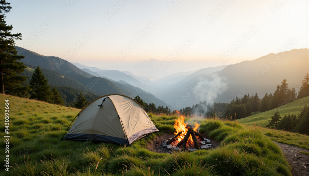 Tent and campfire on a grassy mountain meadow at sunrise, with copy space Tent and campfire on a grassy mountain meadow at sunrise, with copy space
