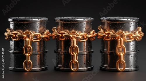 Obraz na płótnie Three chained barrels on a dark background symbolize containment and restriction, emphasizing themes of industry and security. w salonie