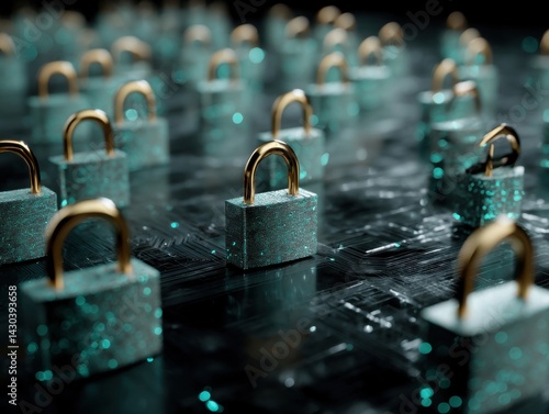 Digital locks surrounded by glowing teal elements symbolize cybersecurity and data protection in a modern setting.