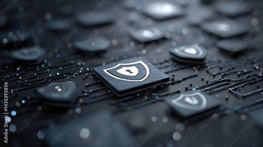 Abstract close-up of circuit board elements with shield icons, symbolizing cybersecurity and digital protection.