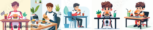 vector racer eating burger at table