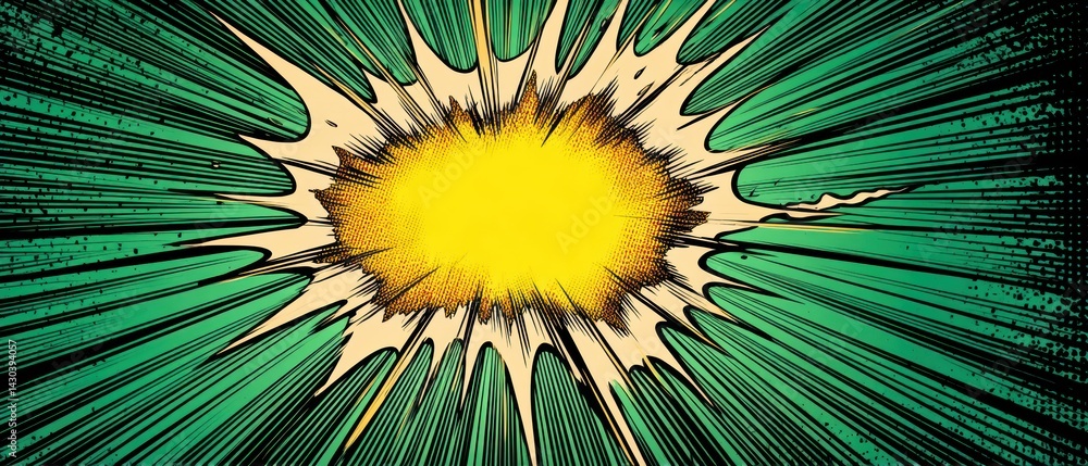 Vibrant explosion of colors with yellow at the center, radiating dynamic lines in a modern artistic style.