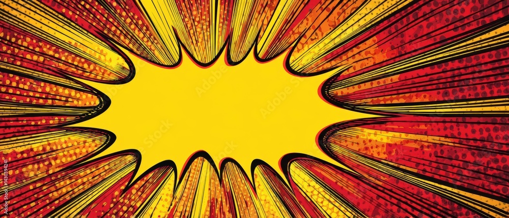 Vibrant comic-style explosion graphic with a bright yellow center and radiating red lines.