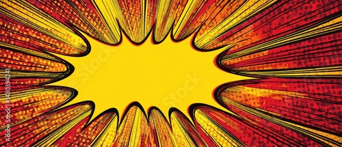 Vibrant comic-style explosion graphic with a bright yellow center and radiating red lines.
