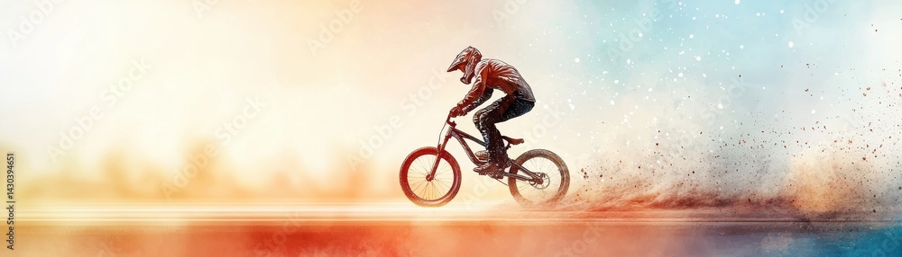 Naklejka premium A dynamic cyclist rides through a colorful, dusty landscape, capturing the thrill of biking in an energetic and vibrant scene.