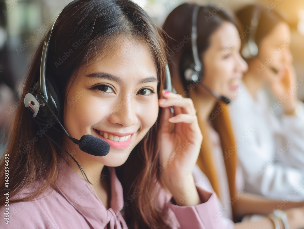 A smiling woman in a headset engages with customers in a busy call center environment.