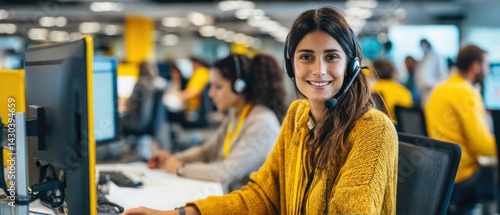 A cheerful customer service representative at a busy call center, engaging with clients and colleagues.