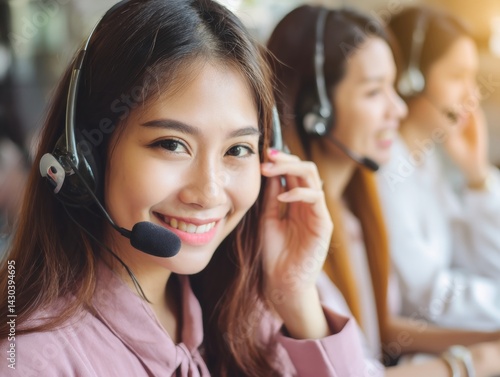 Obraz na płótnie A smiling woman in a headset engages with customers in a busy call center environment. w salonie
