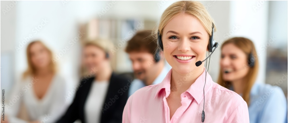 Smiling woman in a headset with colleagues in the background, representing customer service or call center work.