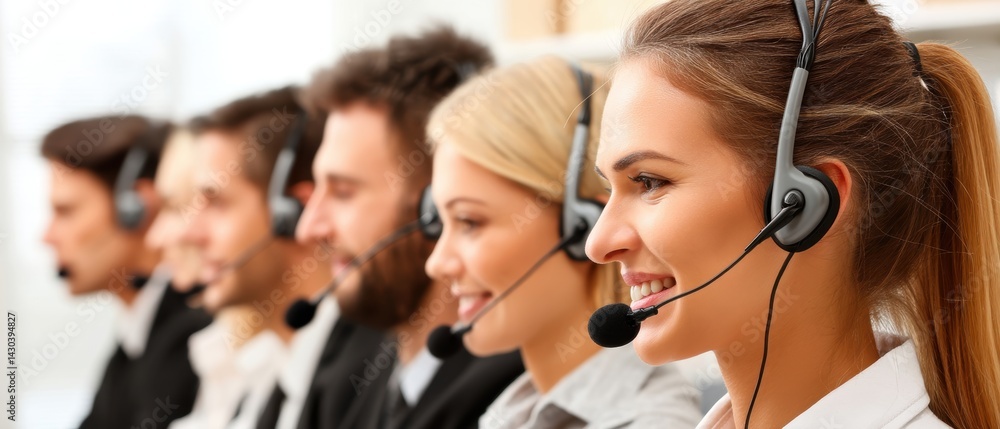 A group of customer service representatives wearing headsets, engaged in conversation and providing support.