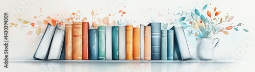 A colorful watercolor illustration of books on a shelf, accompanied by blooming flowers, creating a vibrant and inviting literary atmosphere.