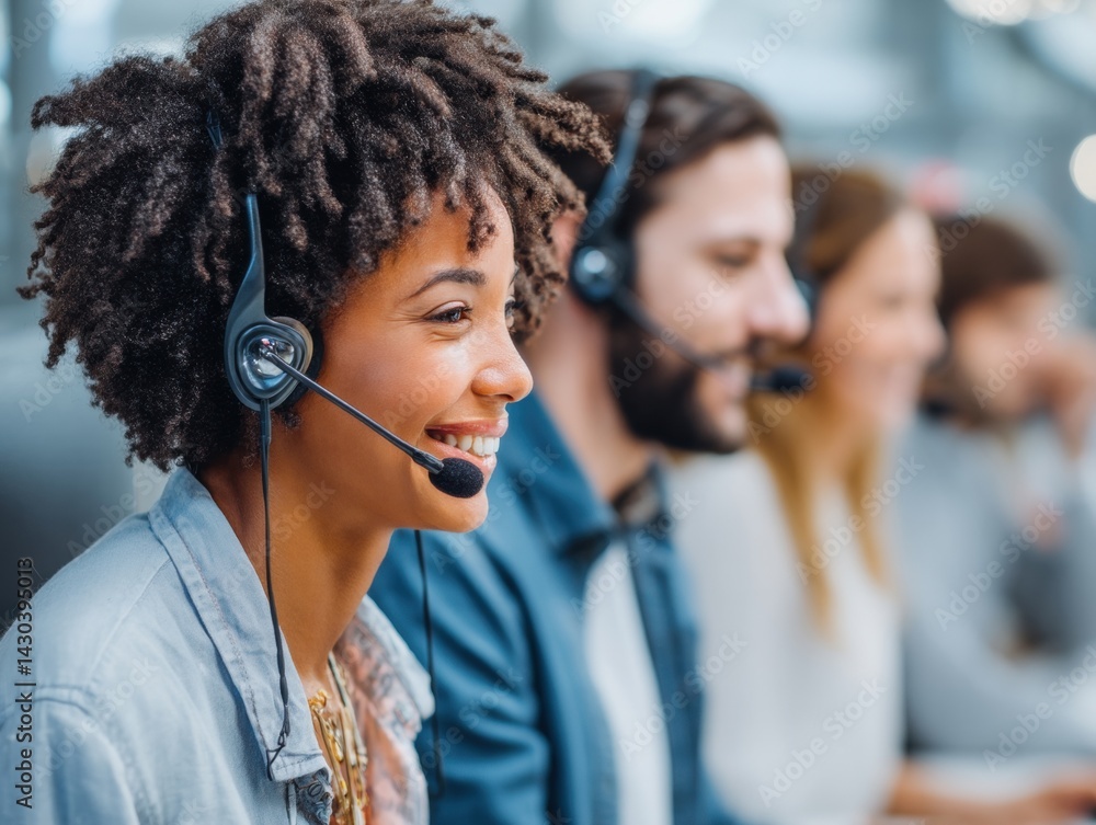 Smiling customer service representatives wearing headsets in a modern office during a team meeting.