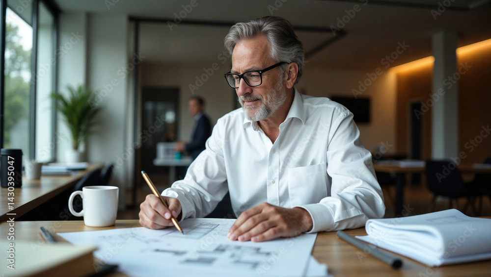 Fototapeta premium Concentrated architect at work in a modern, well-lit office space