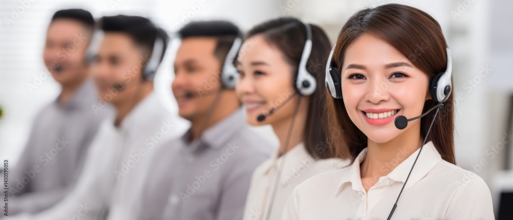 A cheerful woman in a headset leads a team of customer service representatives focused on providing support.