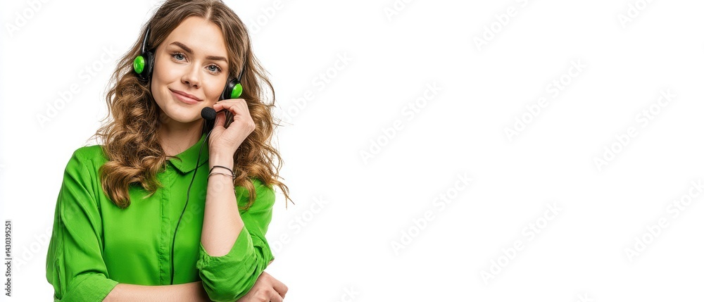 A woman in a vibrant green shirt poses confidently, showcasing a cheerful expression and playful accessories.