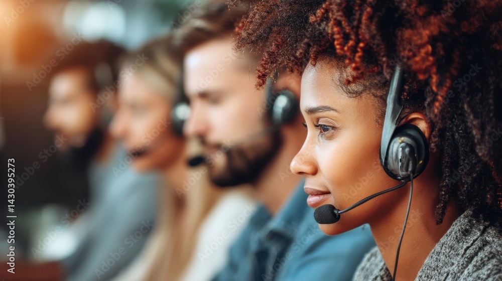 Professional team members engaged in customer service, focused on communication with headsets in a modern office environment.
