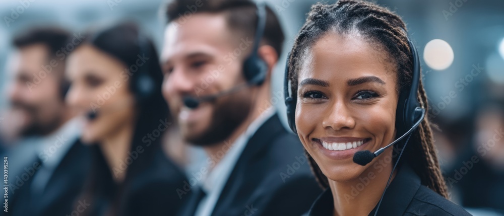 Smiling call center employee wearing a headset, with colleagues in the background, showcasing a friendly work environment.